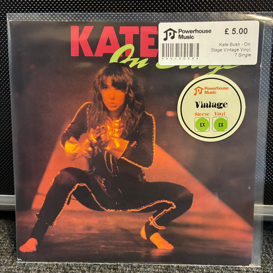 Kate Bush - On Stage Vintage Vinyl 7" EP Vintage Kate Bush 'On Stage' 7-inch vinyl single sleeve on a clear protective plastic case, with a white Powerhouse Music sticker showing the price and a circular 'Vintage Sleeves' label.