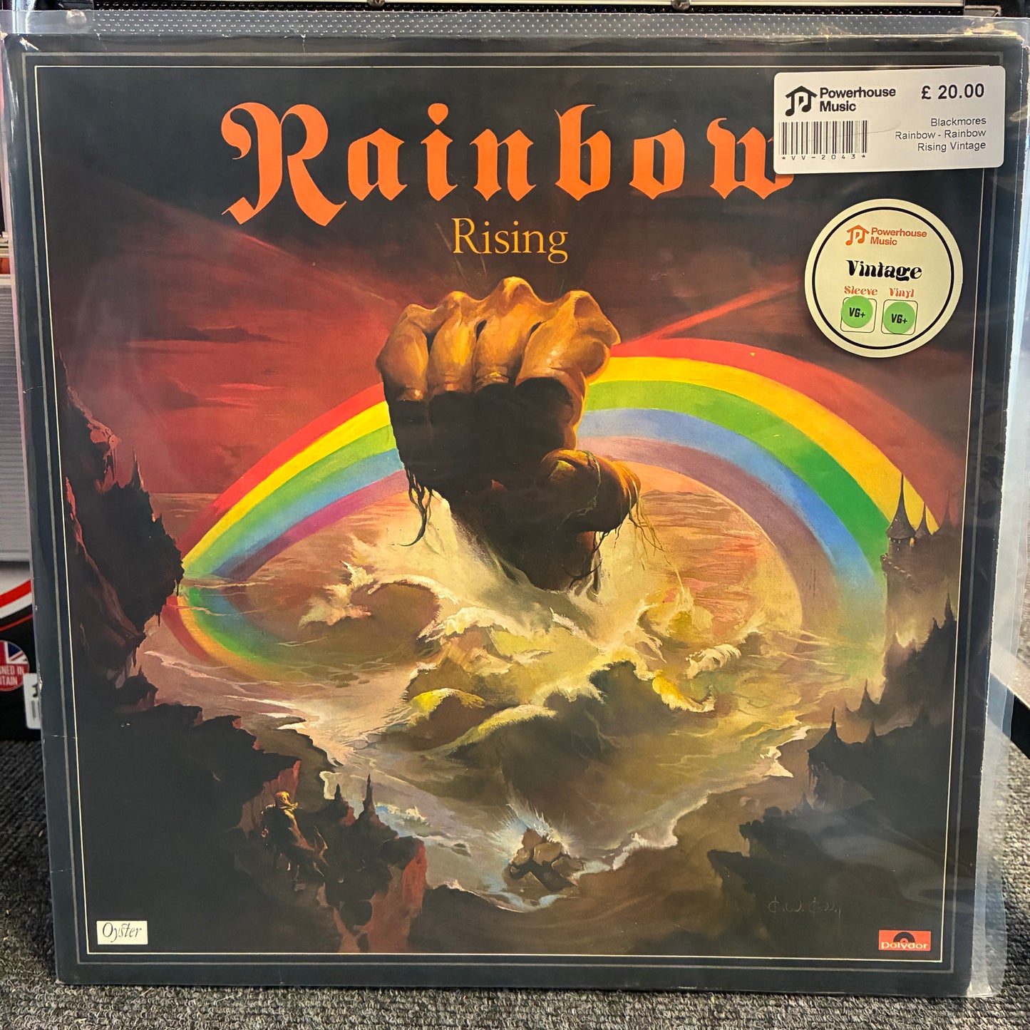 Rainbow - Rainbow Rising Vintage Vinyl LP Rainbow Rising vinyl record album cover in a clear plastic shrink sleeve, with a Powerhouse Music sticker and a Vintage vinyl sticker on the cover.