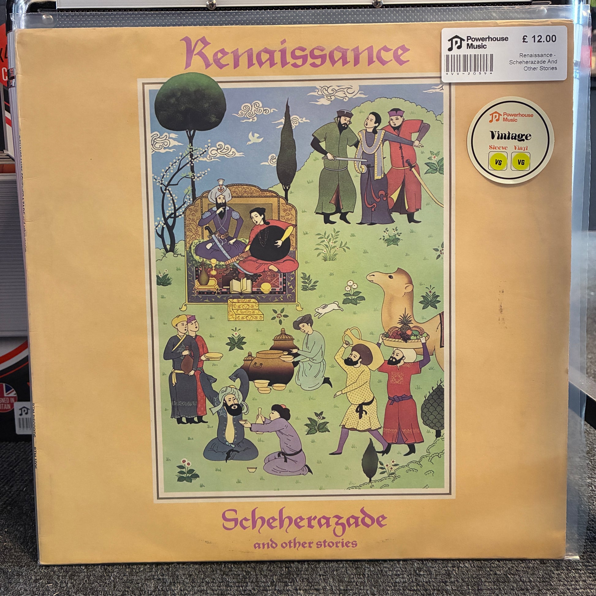 Renaissance -  Scheherazade And Other Stories Vintage Vinyl LP A vinyl record sleeve for 'Renaissance' by Powerhouse Music, featuring an illustrated vintage scene with figures in historical clothing on a tan cover. A Yastage vinyl sticker is visible on the top right.