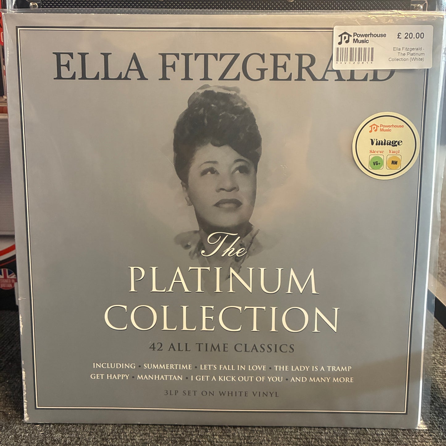 Ella Fitzgerald - The Platinum Collection (White) Vintage Vinyl LP Ella Fitzgerald 'The Platinum Collection' 42 all-time classics LP set on white vinyl, shown in its shrink wrap with a barcode sticker and a Vintage Records badge on the cover.