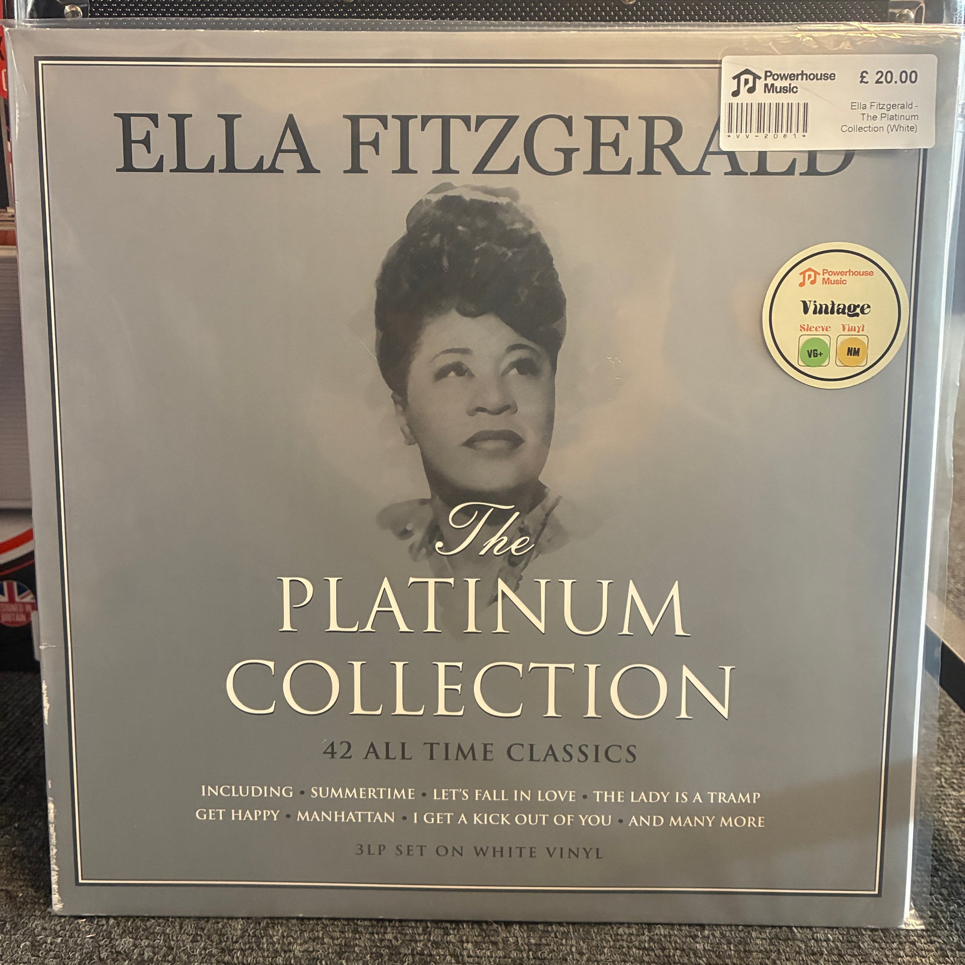 Ella Fitzgerald - The Platinum Collection (White) Vintage Vinyl LP Ella Fitzgerald 'The Platinum Collection' 42 all-time classics LP set on white vinyl, shown in its shrink wrap with a barcode sticker and a Vintage Records badge on the cover.