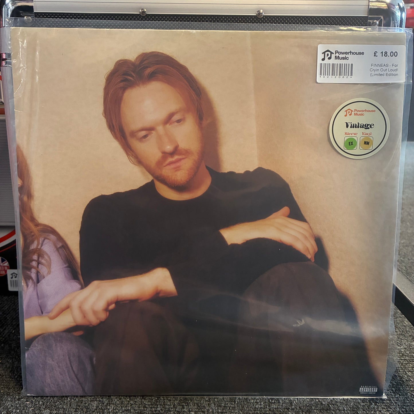 FINNEAS - For Cryin Out Loud! (Limited Edition Gold) Vintage Vinyl LP A vinyl record sleeve for Powerhouse Music's 'Vinted' compilation, showing a man in a black shirt against a beige background, sealed in a clear plastic case with a barcode sticker and a round 'Vinted' label on the top right.