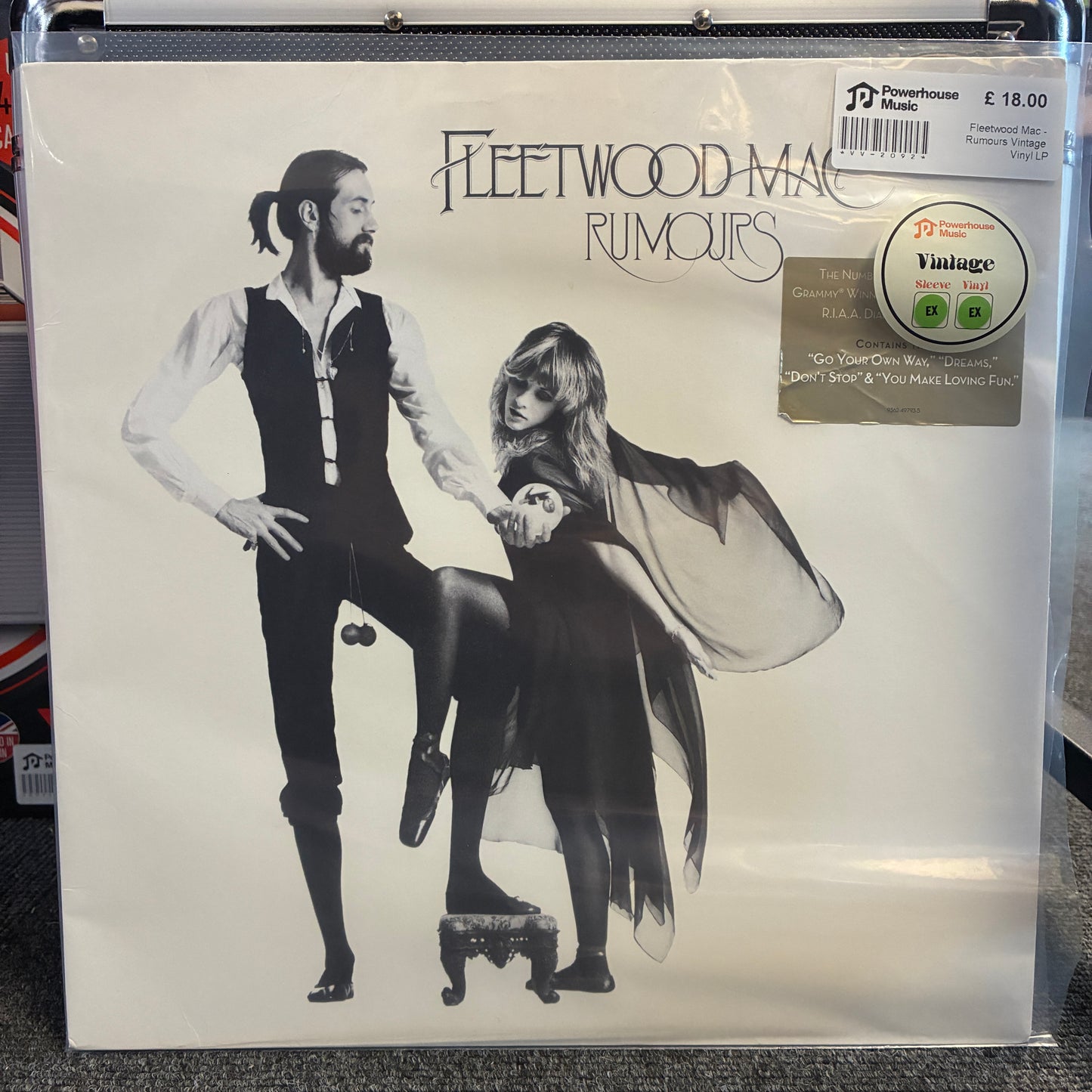 Fleetwood Mac - Rumours Vintage Vinyl LP Fleetwood Mac - Rumours vinyl record album cover in a clear plastic shrink wrap, showing the black and white illustrated cover art with a 'Vintage' sticker on the top right.