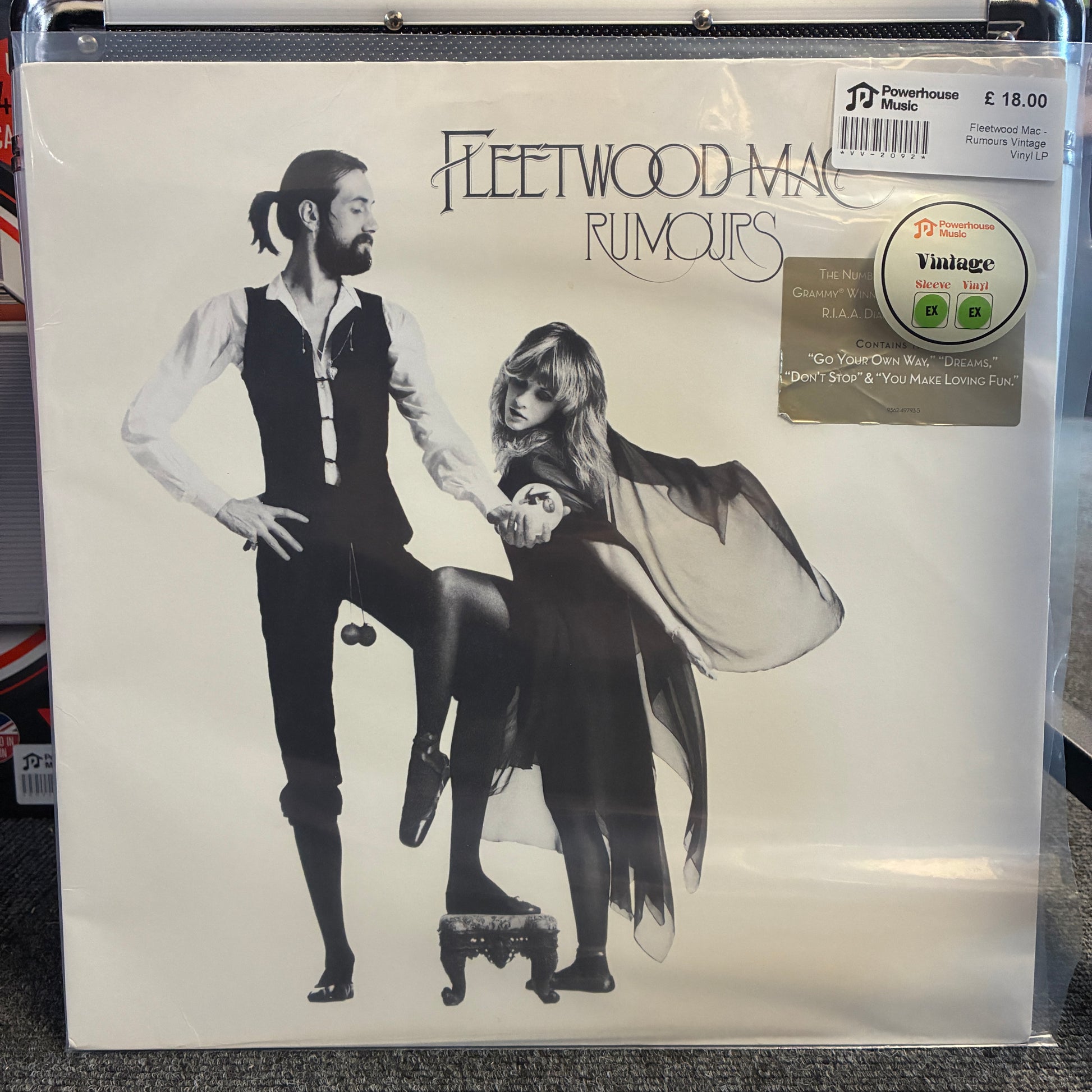 Fleetwood Mac - Rumours Vintage Vinyl LP Fleetwood Mac - Rumours vinyl record album cover in a clear plastic shrink wrap, showing the black and white illustrated cover art with a 'Vintage' sticker on the top right.