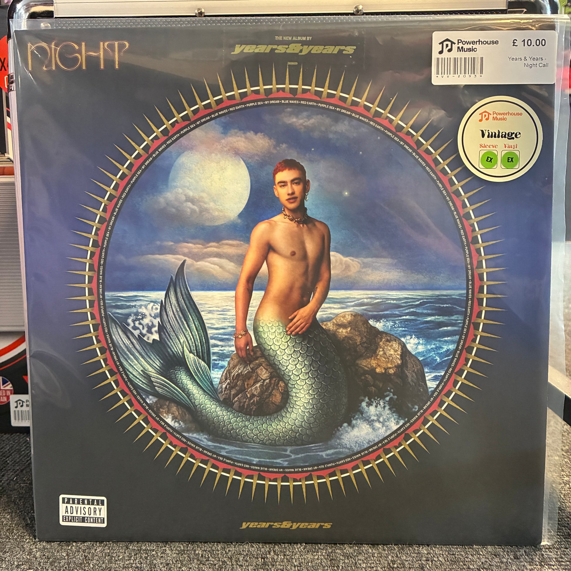 Years & Years - Night Call Vintage Vinyl LP NIGHTLY 'years&years' vinyl record album cover, featuring a mermaid on a rock under a cloudy sky. The black sleeve has gold and red details and a 20th Century Music logo sticker on the top right.
