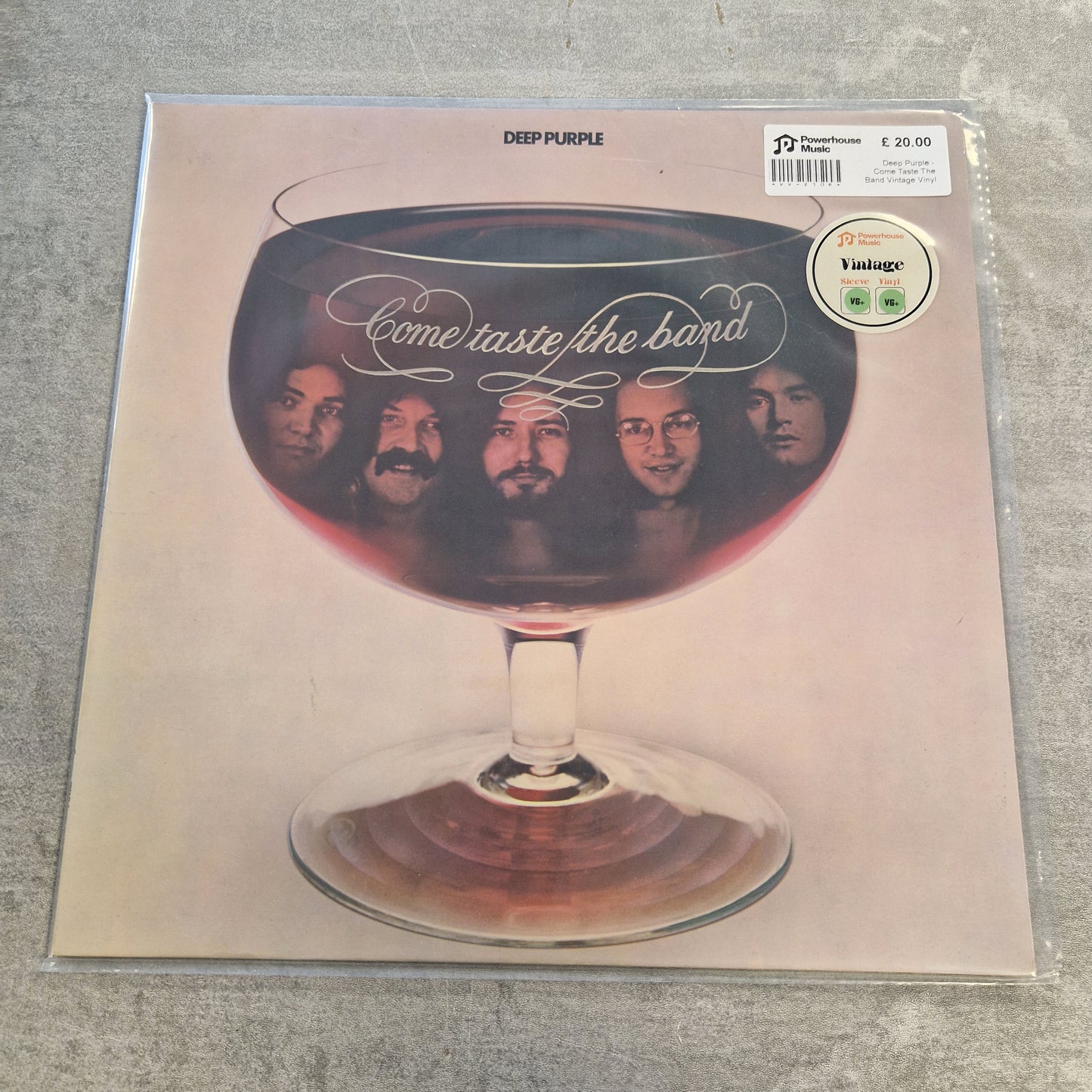 Deep Purple - Come Taste The Band Vintage Vinyl LP Deep Purple 'Come Taste the Band' vinyl record album cover, sealed in a plastic sleeve and photographed on a gray textured surface.