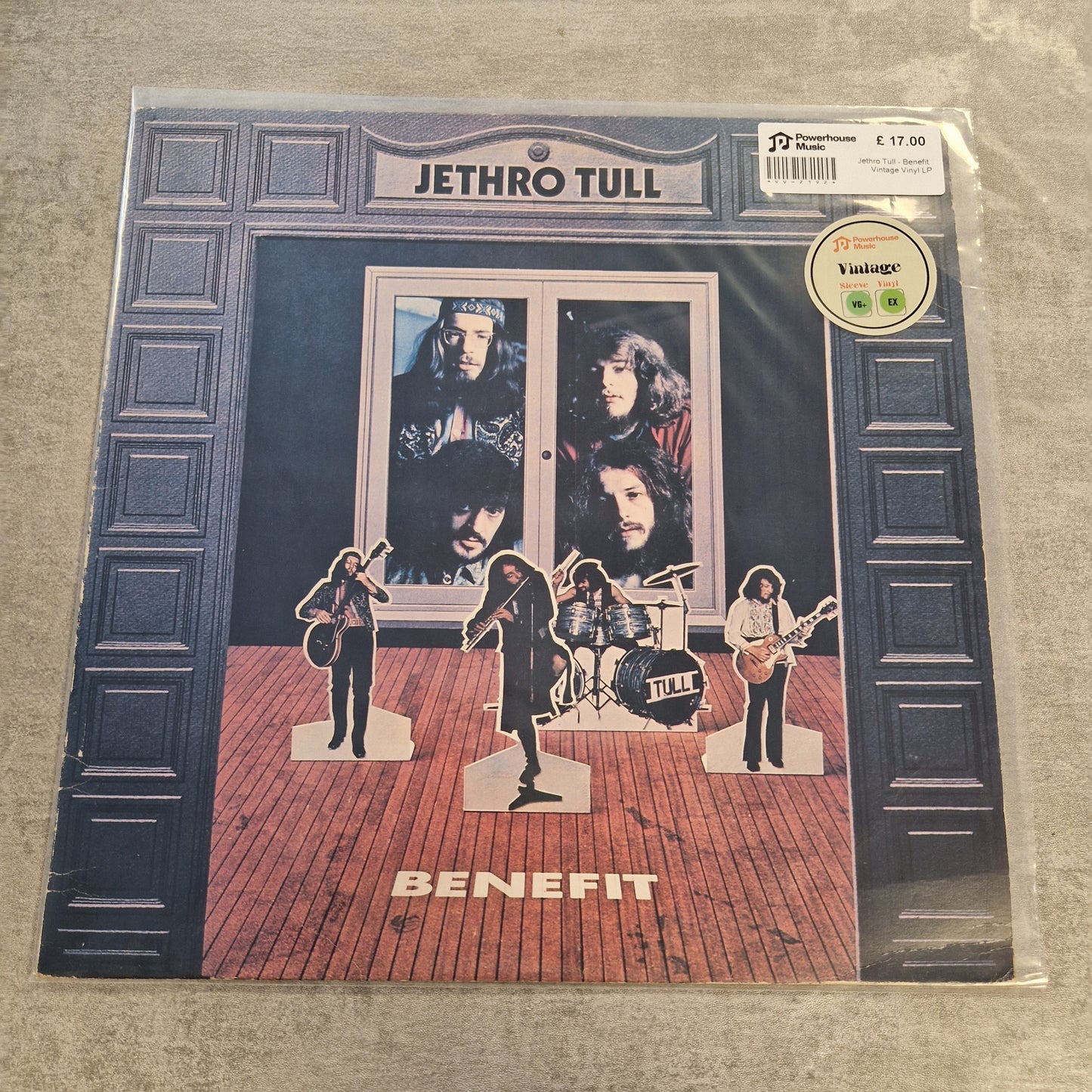 Jethro Tull - Benefit Vintage Vinyl LP Jethro Tull 'Benefit' vinyl record album cover, sealed in plastic with a visible seller sticker and a round Vintage Records label, photographed on a gray textured surface.