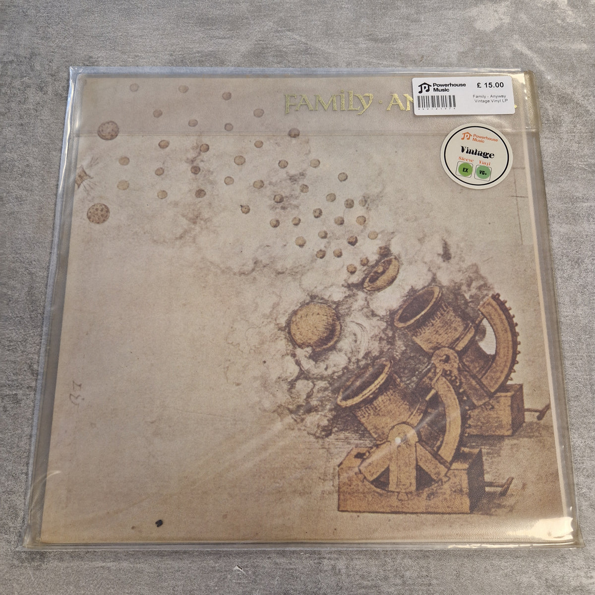Family - Anyway Vintage Vinyl LP A vinyl record sleeve for Family Animal's album 'Anatomical' on the Vinted platform, still sealed in its original plastic shrink-wrap. The cover art features a sepia-toned vintage illustration of a mechanical gear system on the right and a pattern of small dots on the left, all on a textured beige background.