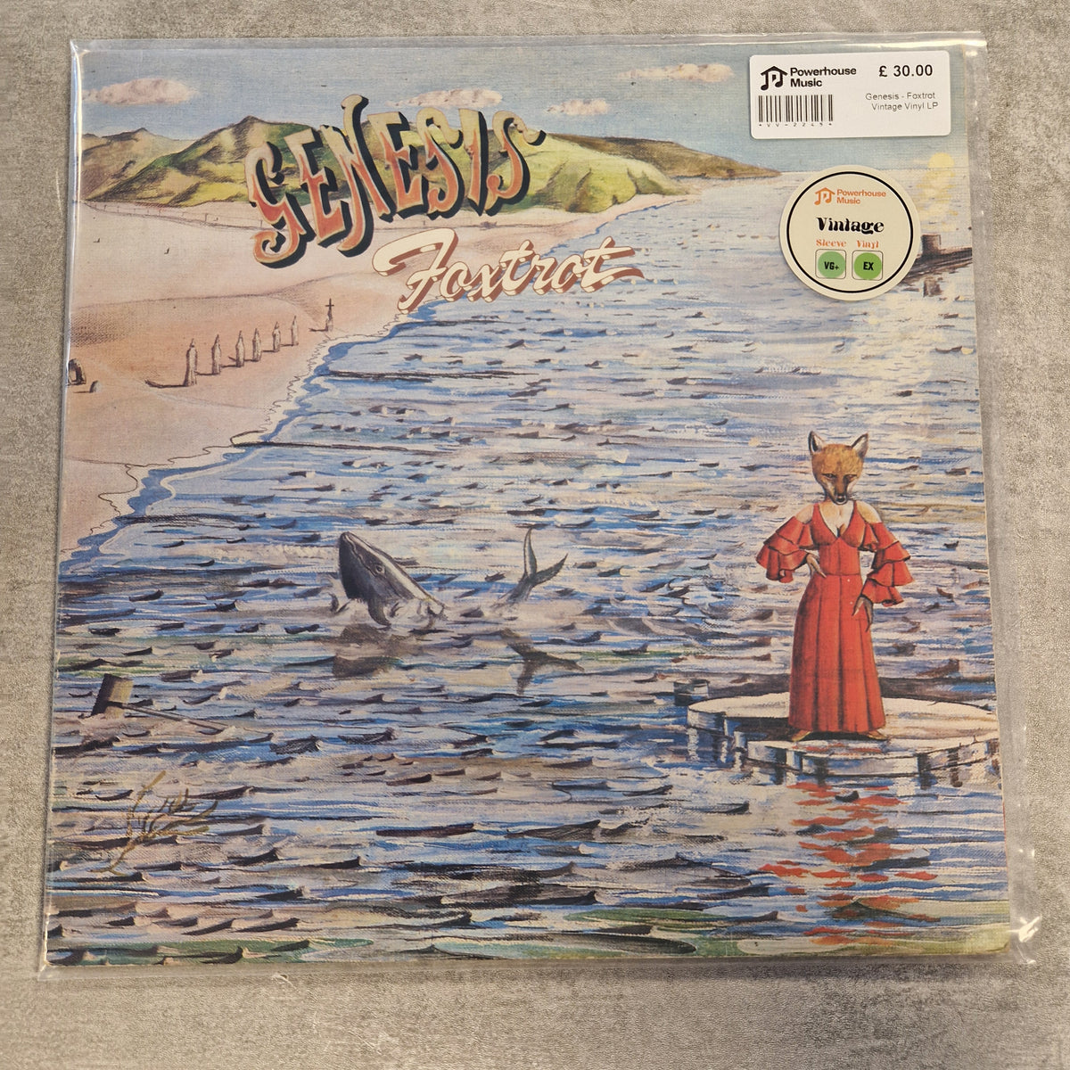 Genesis - Foxtrot Vintage Vinyl LP A vinyl record sleeve for Genesis's 'Fortuit' is shown in its clear plastic shrink-wrap, lying on a gray textured surface. The cover art features a surreal beach scene with a woman in a red dress on a platform in the water, a shark, and the band's name in stylized lettering.