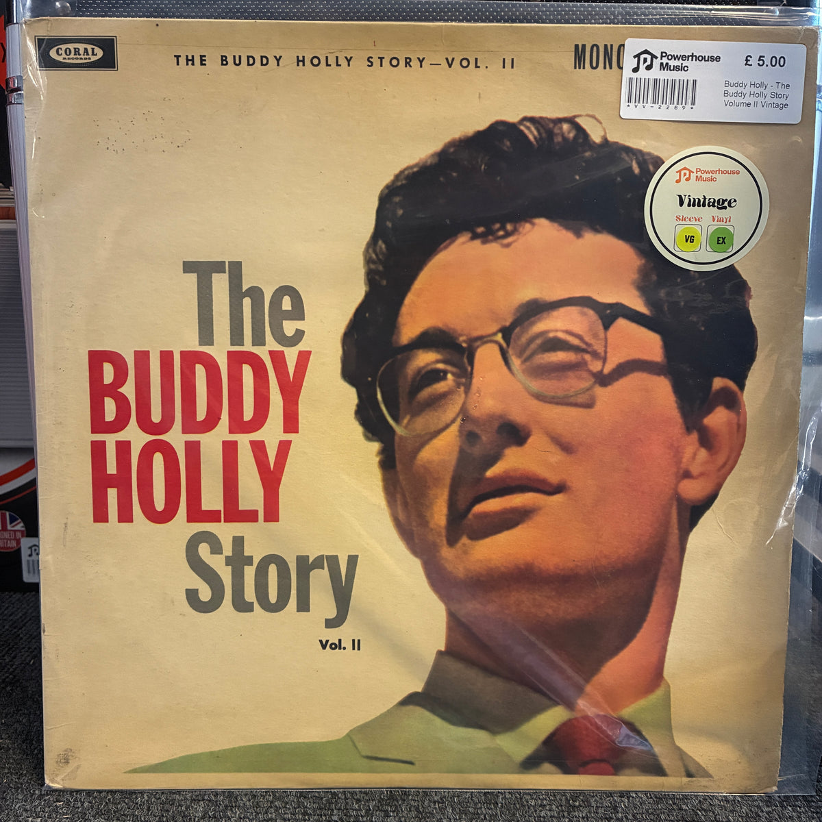 Buddy Holly - The Buddy Holly Story Volume II Vintage Vinyl LP A vinyl record sleeve for 'The Buddy Holly Story - Vol. II' on the Coral label, featuring a vintage illustrated portrait of Buddy Holly with glasses.