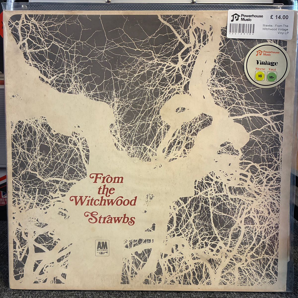 Strawbs - From The Witchwood Vintage Vinyl LP A vinyl record sleeve for 'From the Witchwood Strawbs' on AM Records, featuring a beige and dark gray map design with red text. A Powerhouse Music sticker is visible in the top right corner.