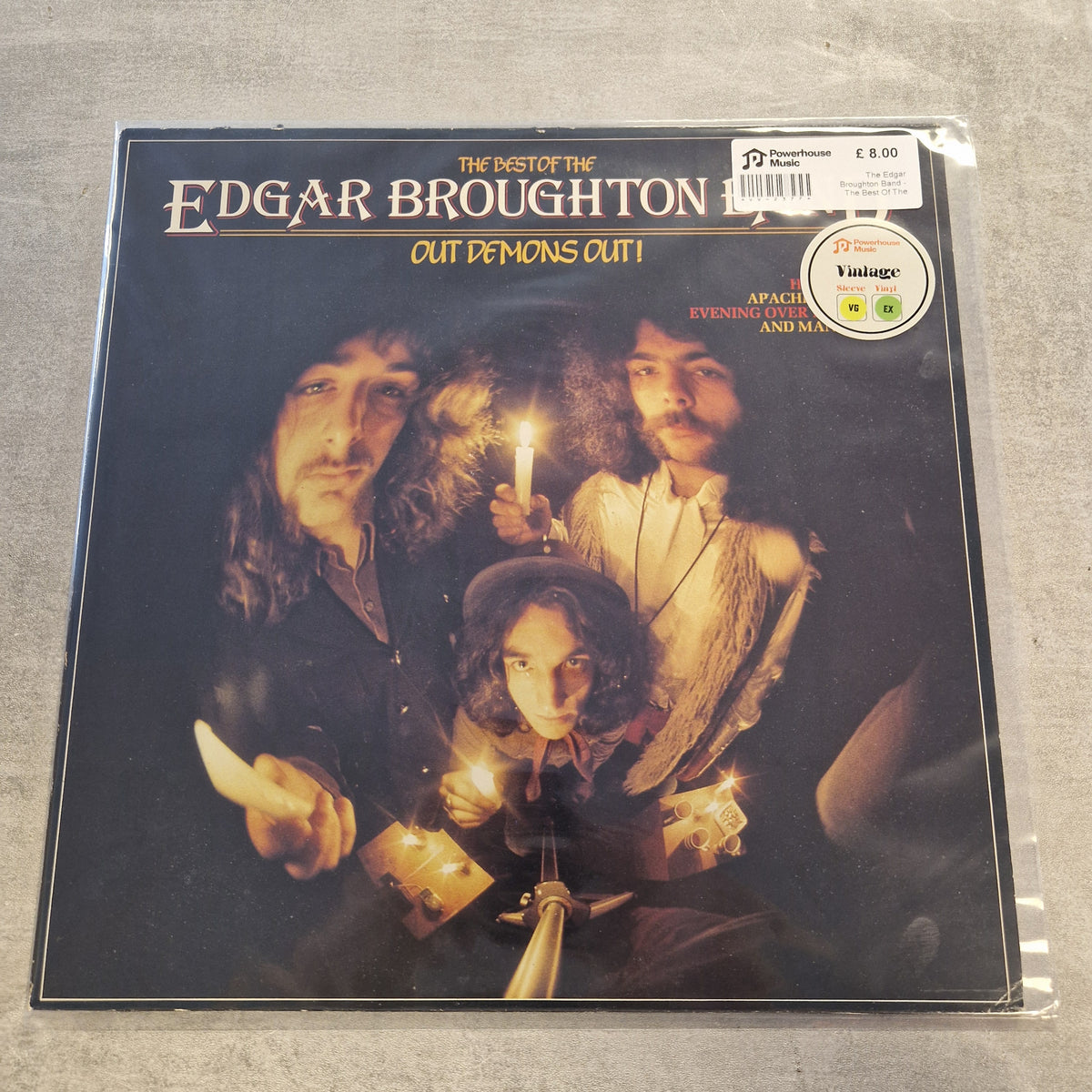 The Edgar Broughton Band - The Best Of The Edgar Broughton Band (Out Demons Out!) Vintage Vinyl LP Edgar Broughton's 'Out of Demons Out!' vinyl record album cover, sealed in plastic with a barcode sticker and a Vintage logo sticker on a gray textured surface.