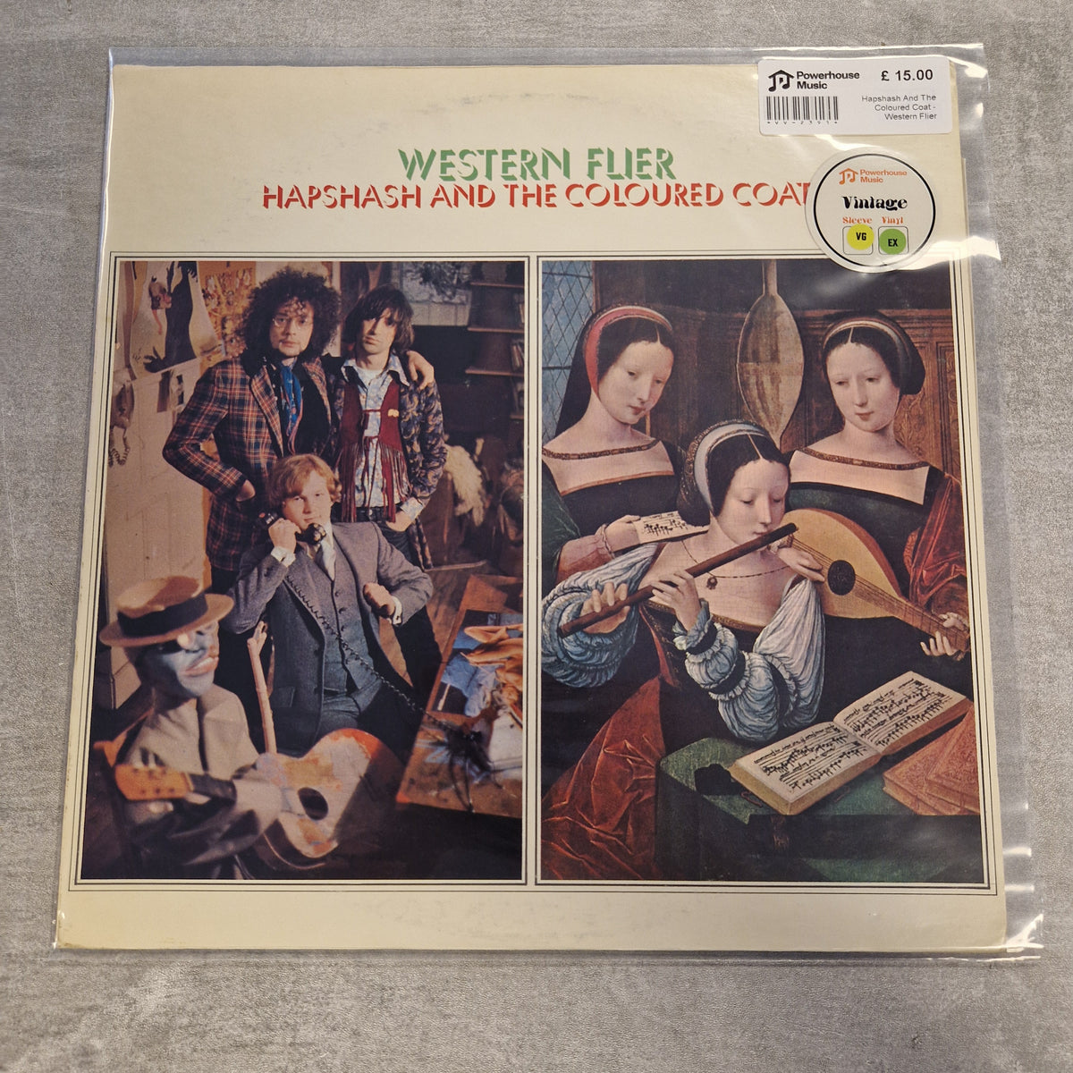 Hapshash And The Coloured Coat - Western Flier Vintage Vinyl LP A vinyl record sleeve for the band Western Flier's 'Hapshash and the Coloured Coat' album, sealed in plastic. The cover features a cream background with two classical-style paintings: one depicting the band members and one of women playing musical instruments.
