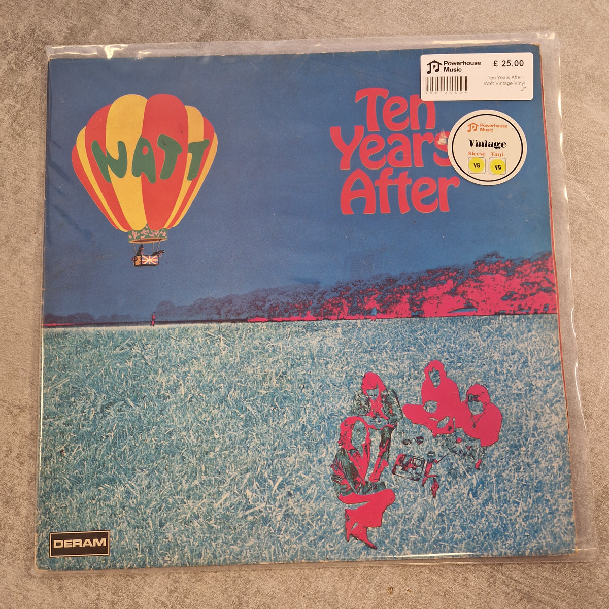 Ten Years After - Watt Vintage Vinyl LP A vinyl record sleeve for Deram's 'Ten Years After' album, sealed in a clear plastic protective sleeve. The cover art features a blue sky and textured ground with a red and yellow hot air balloon containing the word 'NAJT' and pink graphic elements.