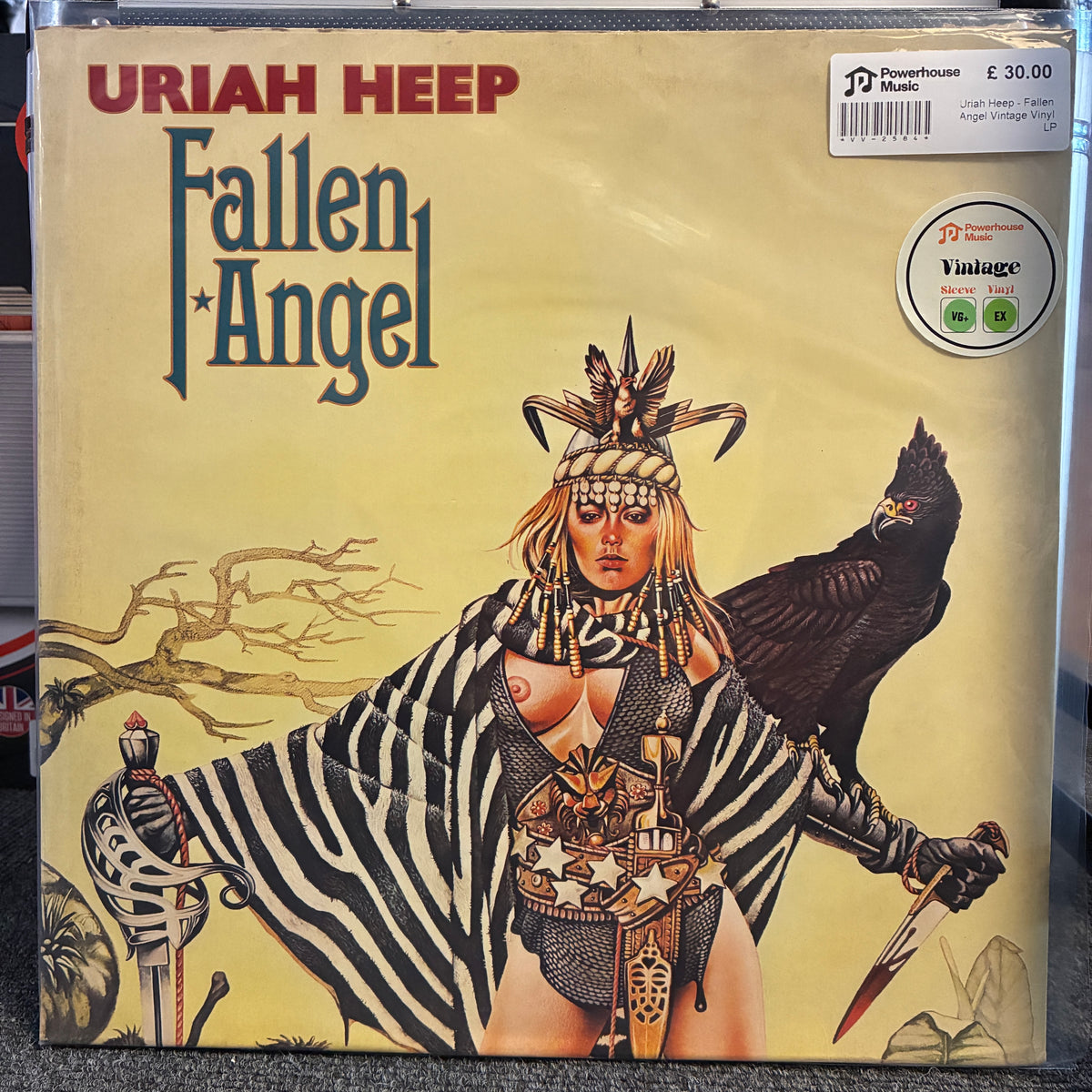Uriah Heep - Fallen Angel Vintage Vinyl LP A vinyl record sleeve for Uriah HEEP's 'Fallen Angel' is shown in a vintage condition. The cover art features a stylized illustration of a woman in a zebra-striped cloak with a bird on her shoulder, set against a pale yellow background.