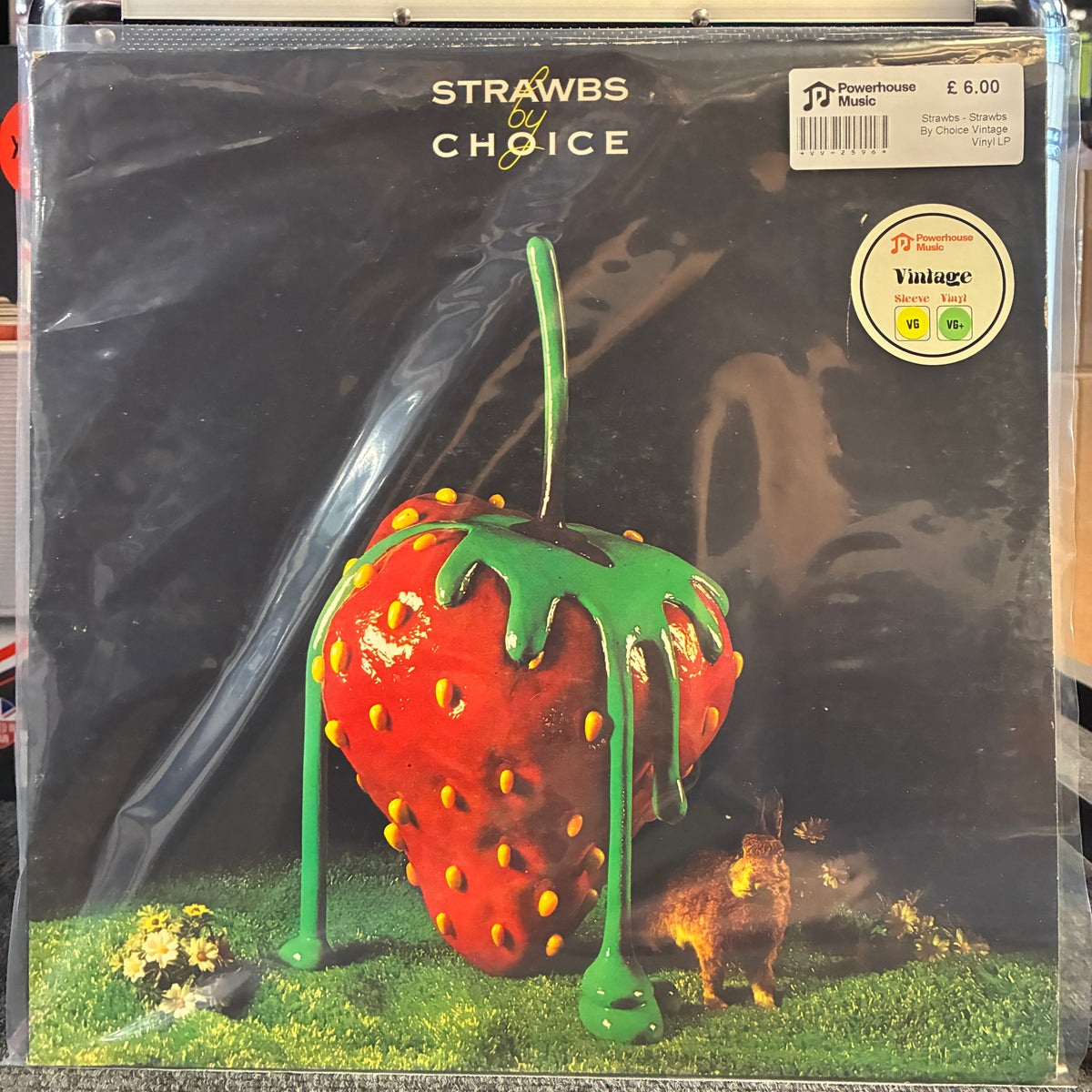 Strawbs - Strawbs By Choice Vintage Vinyl LP Strawbs by Choice vinyl record album cover, sealed in plastic shrink-wrap with a PriceWaterhouse logo sticker and a Vintage Vinyl sticker. The cover art features a large red strawberry with green dripping sauce on a grassy field with a rabbit.