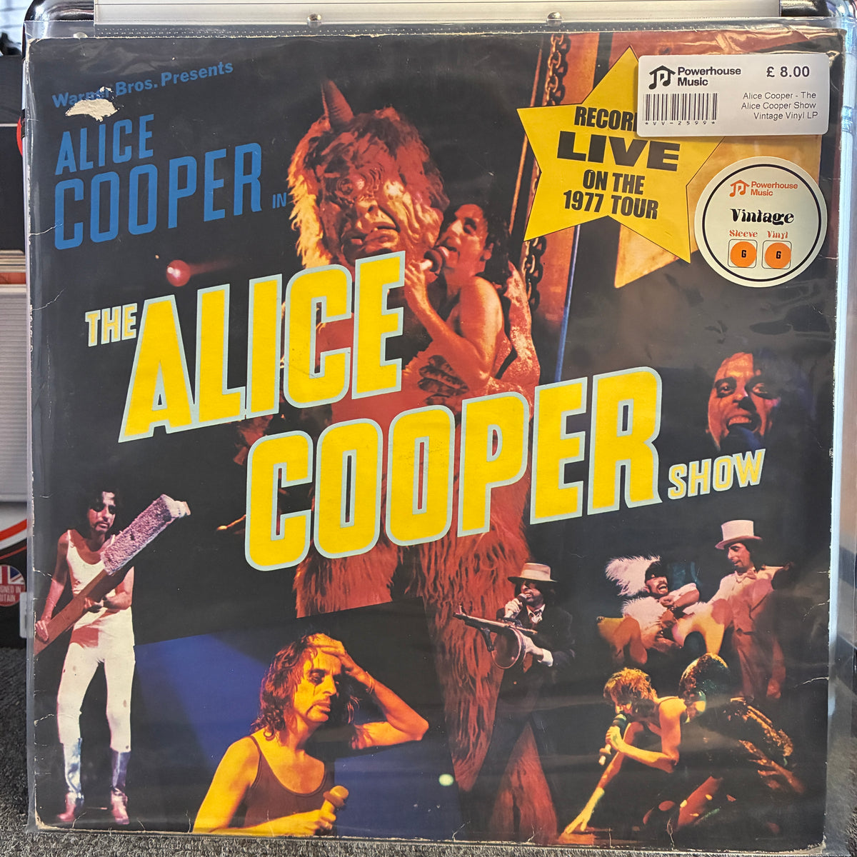 Alice Cooper - The Alice Cooper Show Vintage Vinyl LP The album cover for Alice Cooper's 'The Alice Cooper Show' on a clear plastic sleeve, with a visible Price Tag sticker in the top right corner.