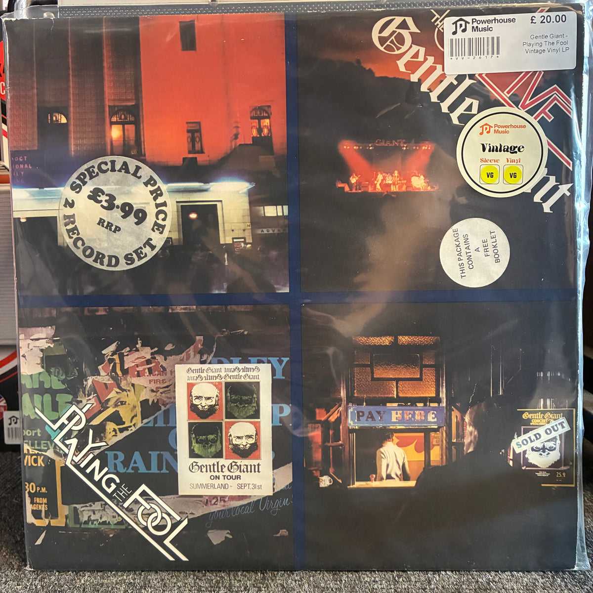 Gentle Giant - Playing The Fool Vintage Vinyl LP Gentle Giant 'The Rain' 12-inch vinyl record set in its original shrink wrap, featuring a four-quadrant cover design with album artwork and collector stickers.