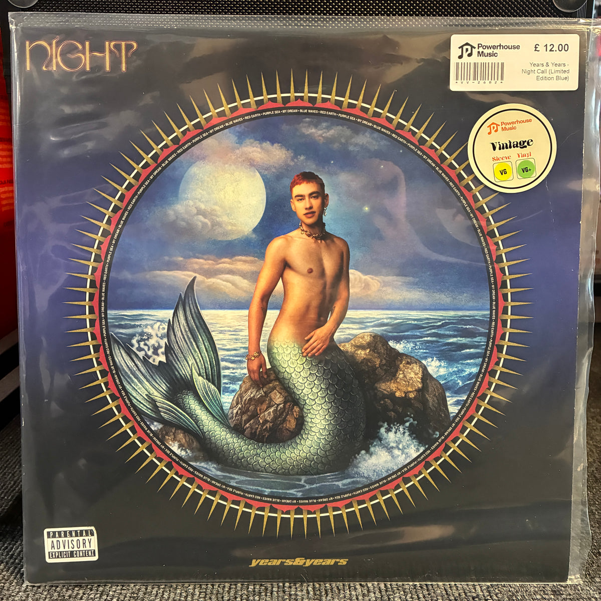 Years & Years - Night Call (Limited Edition Blue) Vintage Vinyl LP NIGHT - yearsByYears vinyl record cover in its original shrink wrap, featuring a mermaid on rocks under a moonlit sky. Includes a J9 Classic vinyl sticker and a Parental Advisory label.