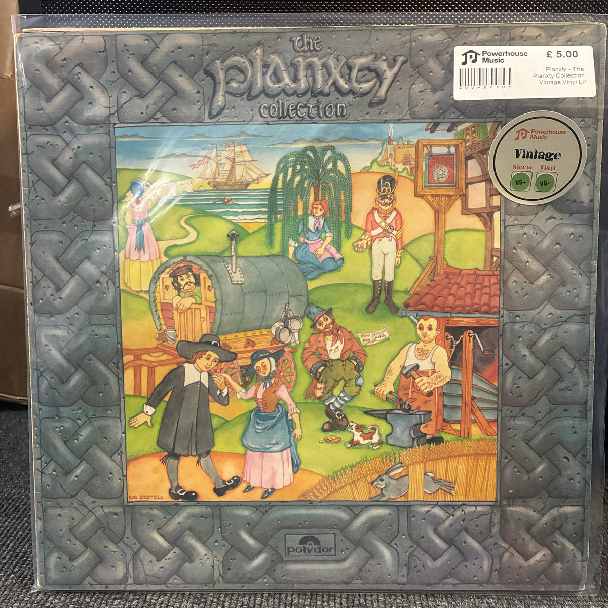 Planxty - The Planxty Collection Vintage Vinyl LP The Planxy Collection vinyl record cover by Polydor, featuring a detailed medieval scene illustration surrounded by a metallic gray Celtic knot border. A white retailer sticker is visible in the top right corner.