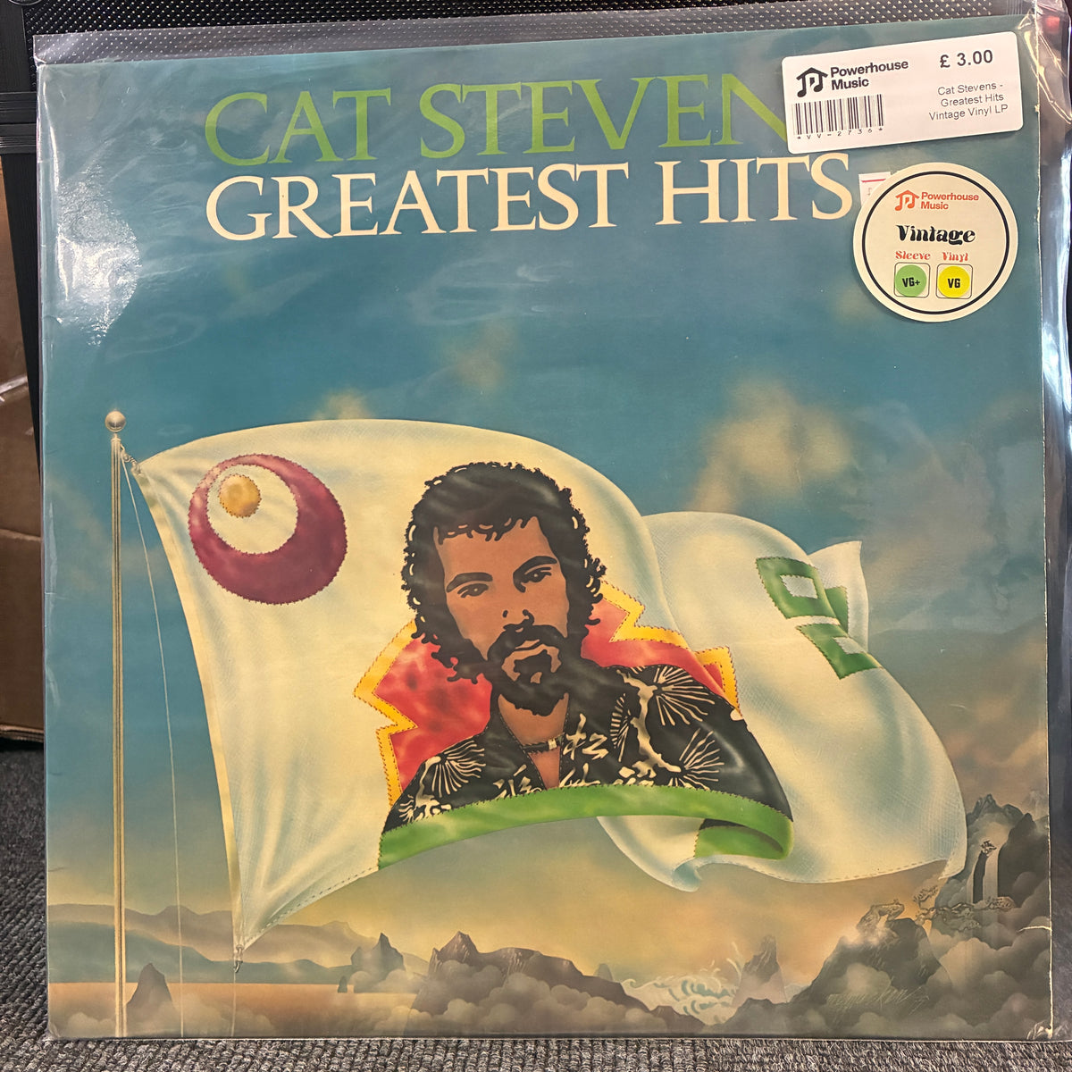 Cat Stevens - Greatest Hits Vintage Vinyl LP Cat Stevens Greatest Hits vinyl record album cover, sealed in plastic shrink wrap with a Powerhouse Records sticker and barcode label in the top right corner.