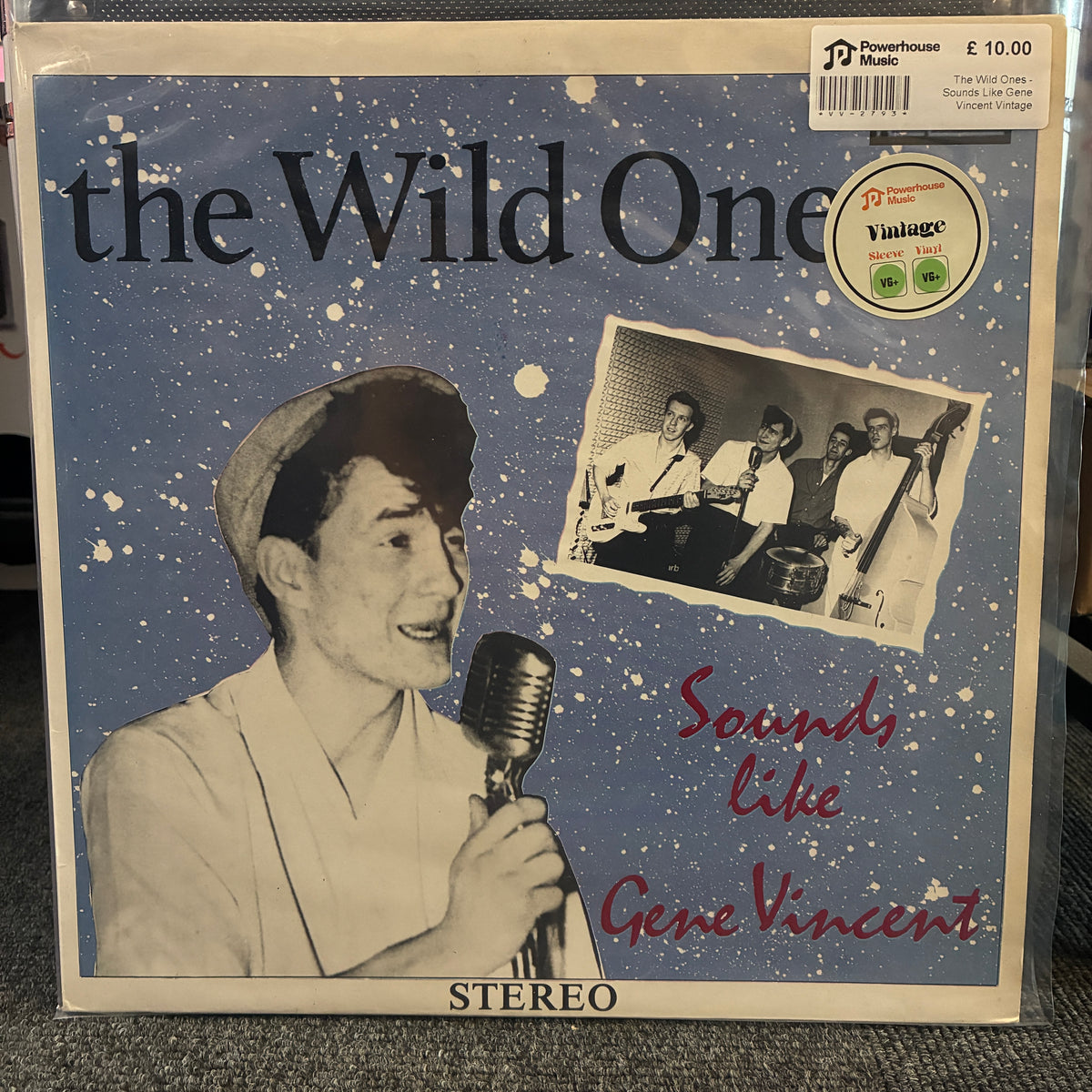 The Wild Ones - Sounds Like Gene Vincent Vintage Vinyl LP Vinyl record sleeve for 'the Wild One Sounds like Gene Vincent' on a blue starry background, with a black-and-white portrait of a man holding a microphone and a small inset photo of a band. A 'Vintage' sticker and a barcode price label are visible on the sleeve.