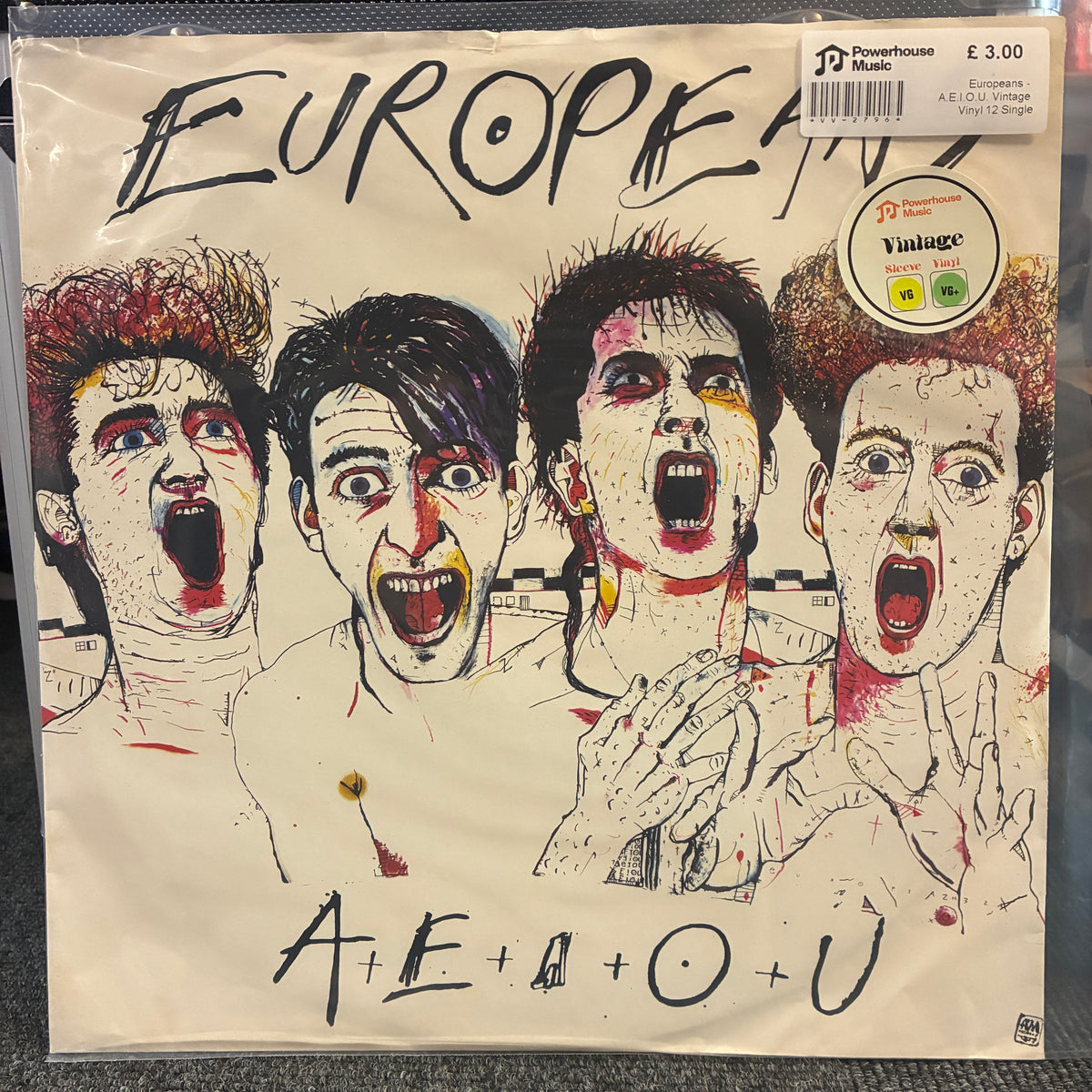 Europeans - A.E.I.O.U. Vintage Vinyl 12" Single A vinyl record sleeve for the band Europe's '4+4+4+4+4+4+4+4' album, featuring a stylized illustration of four screaming faces on a cream background. A Powerhouse Music sticker is visible in the top right corner.