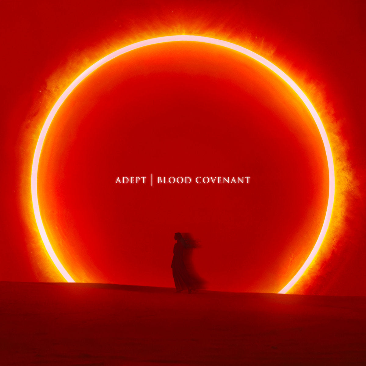 Adept - Blood Covenant Person standing in front of a large circular light with 'Adept Blood Covenant' text on a red background