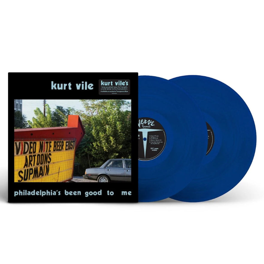 Kurt Vile - Philadelphia's Been Good To Me (Blue) Vinyl Blue vinyl record with a cover featuring a car and building, labeled 'kurt vile'.
