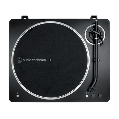 Audio-Technica AT-LP70XBT Black turntable with Audio-Technica logo on a white background