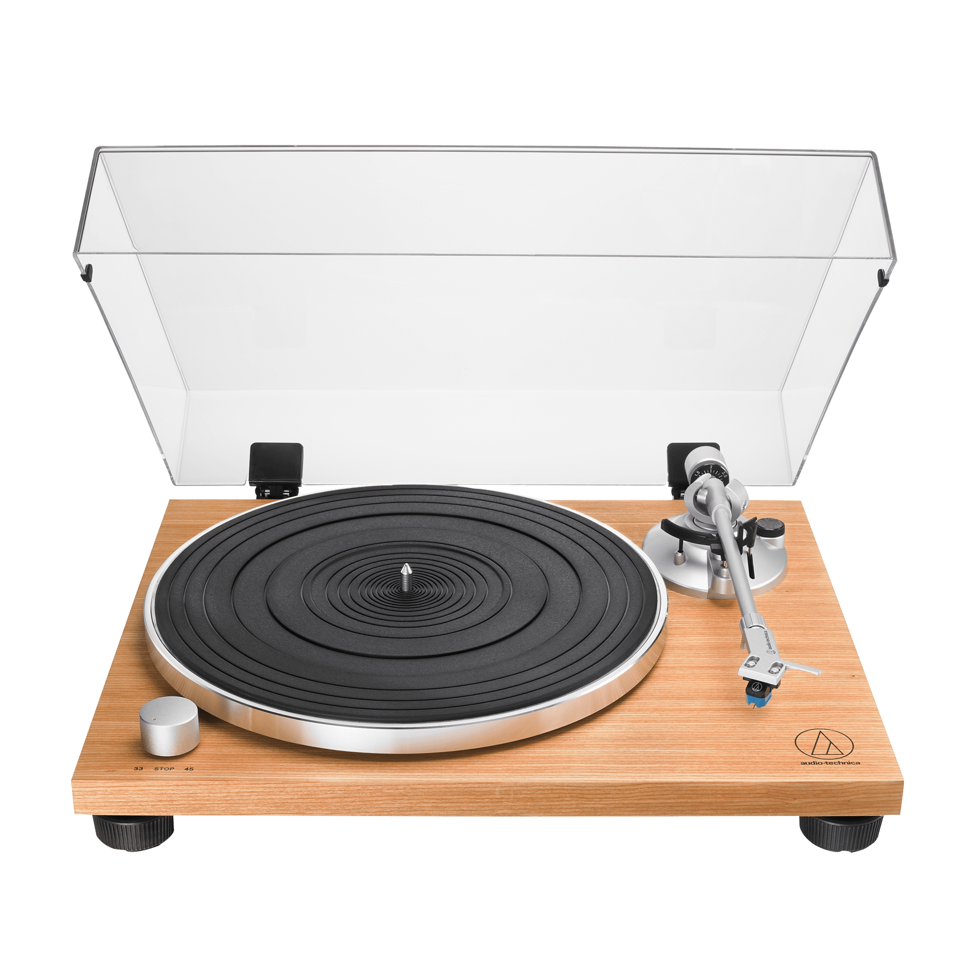 Audio-Technica AT-LPW30TK Turntable with wooden plinth and clear dust cover on a white background
