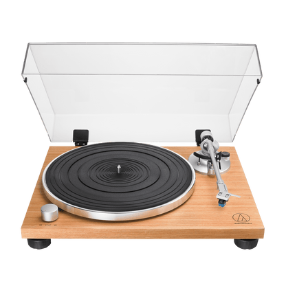 Audio-Technica AT-LPW30TK Turntable with wooden plinth and clear dust cover on a white background