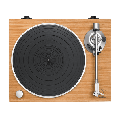 Audio-Technica AT-LPW30TK Wooden turntable with black platter on a white background