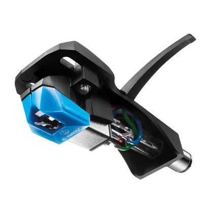 Audio-Technica AT-VM95C/H Close-up of a vinyl record player cartridge with a blue pickup on a white background