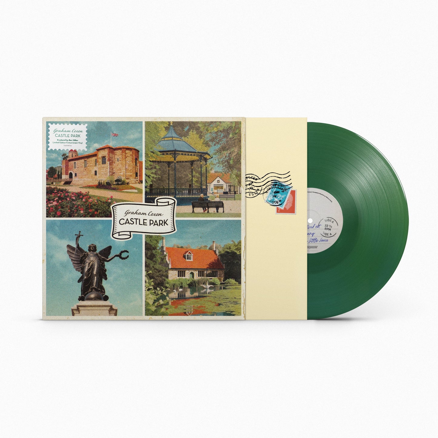 Graham Coxon - Castle Park Vinyl record with a colorful cover featuring images of a castle and statues, on a white background.