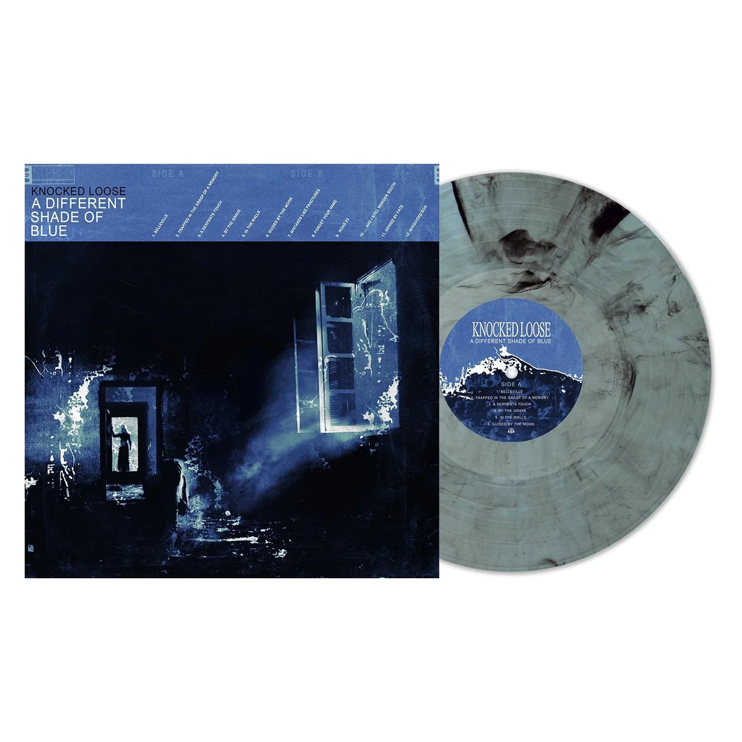 Knocked Loose - A Different Shade of Blue  Vinyl record with cover featuring a dark, moody scene and blue label.