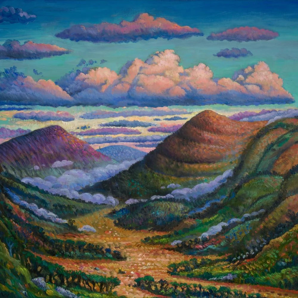 Palace - Ox (Black Cherry) Vinyl Painting of a mountain landscape with a river and clouds