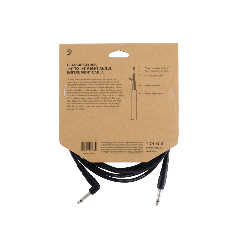 D'Addario Classic Series Instrument Cable Right Angle Plug - 10ft