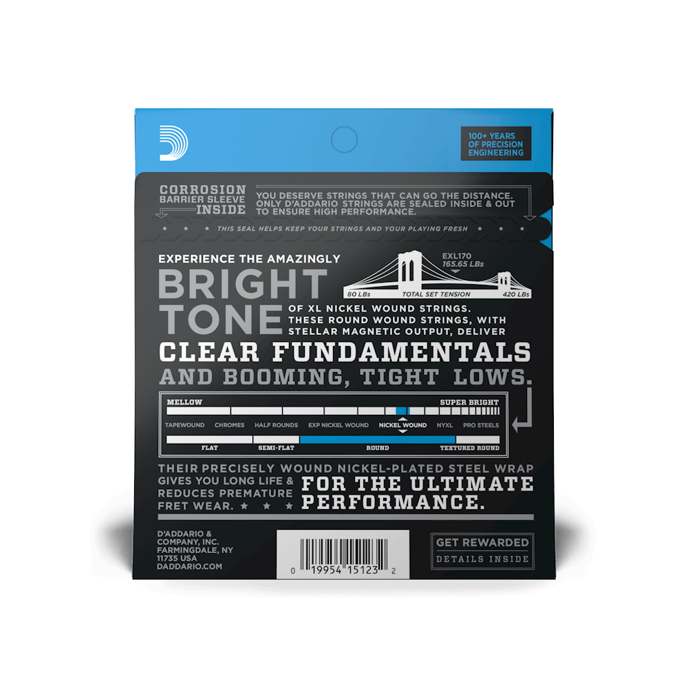 D'Addario EXL170 Nickel Wound Bass Guitar Strings - Light 45-100 Long Scale