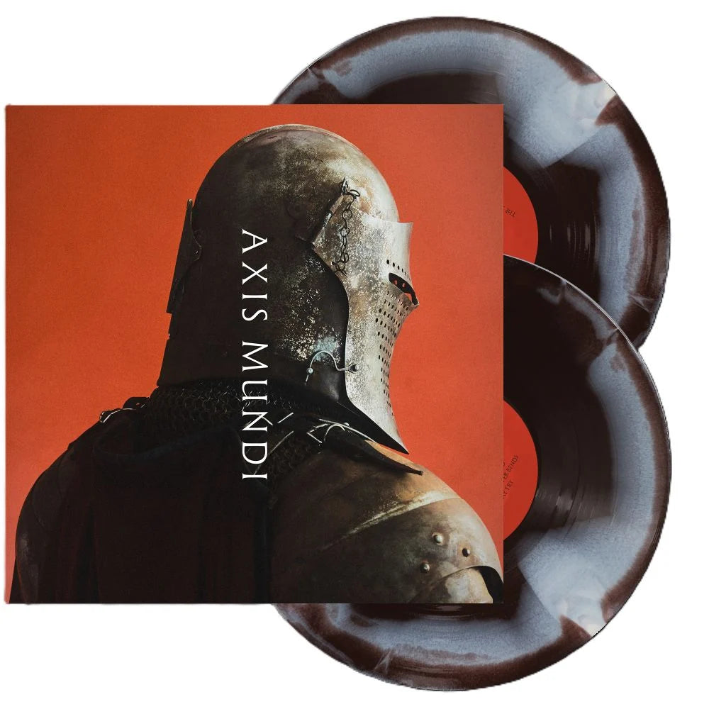Imminence - Axis Mundi (Brown & Bone) Vinyl A double vinyl record set by Axis Mundi, featuring the album cover with a knight in armor against a red-orange background, with two translucent marbled dark vinyl records partially visible behind it.