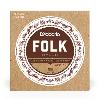 D'Addario EJ32C Folk Nylon Ball End Guitar Strings - Silver Wound/Clear Nylon Trebles