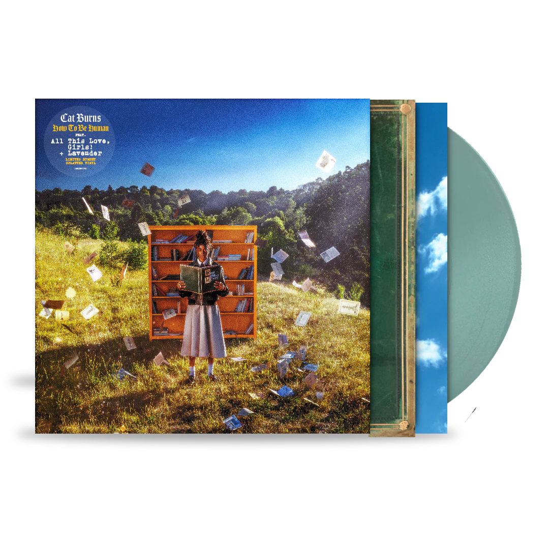Cat Burns - How To Be Human Vinyl record with a cover featuring a person with a bookshelf on a grassy field.