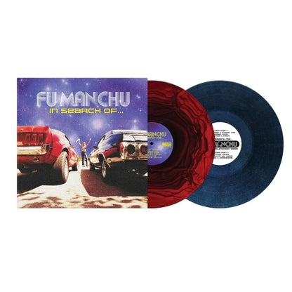 Fu Manchu - In Search Of... (30th Anniversary Edition Red / Blue & Custom Night Sky) Vinyl A vinyl record album set shown on a plain white background: the printed cover on the left, a red marbled inner record, and a blue outer record partially visible behind it. The cover text reads FU MANCHU and IN SEARCH OF.