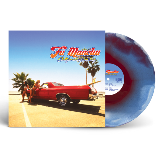 Fu Manchu - California Crossing (25th Anniversary Edition Custom Red, White & Blue 3 Layer) Vinyl A vinyl record album shown with its square cover sleeve and part of the translucent blue-and-red record visible on a light gray background. The cover features the text 'Fi Mantri California Dreamers' above a red car and palm trees.