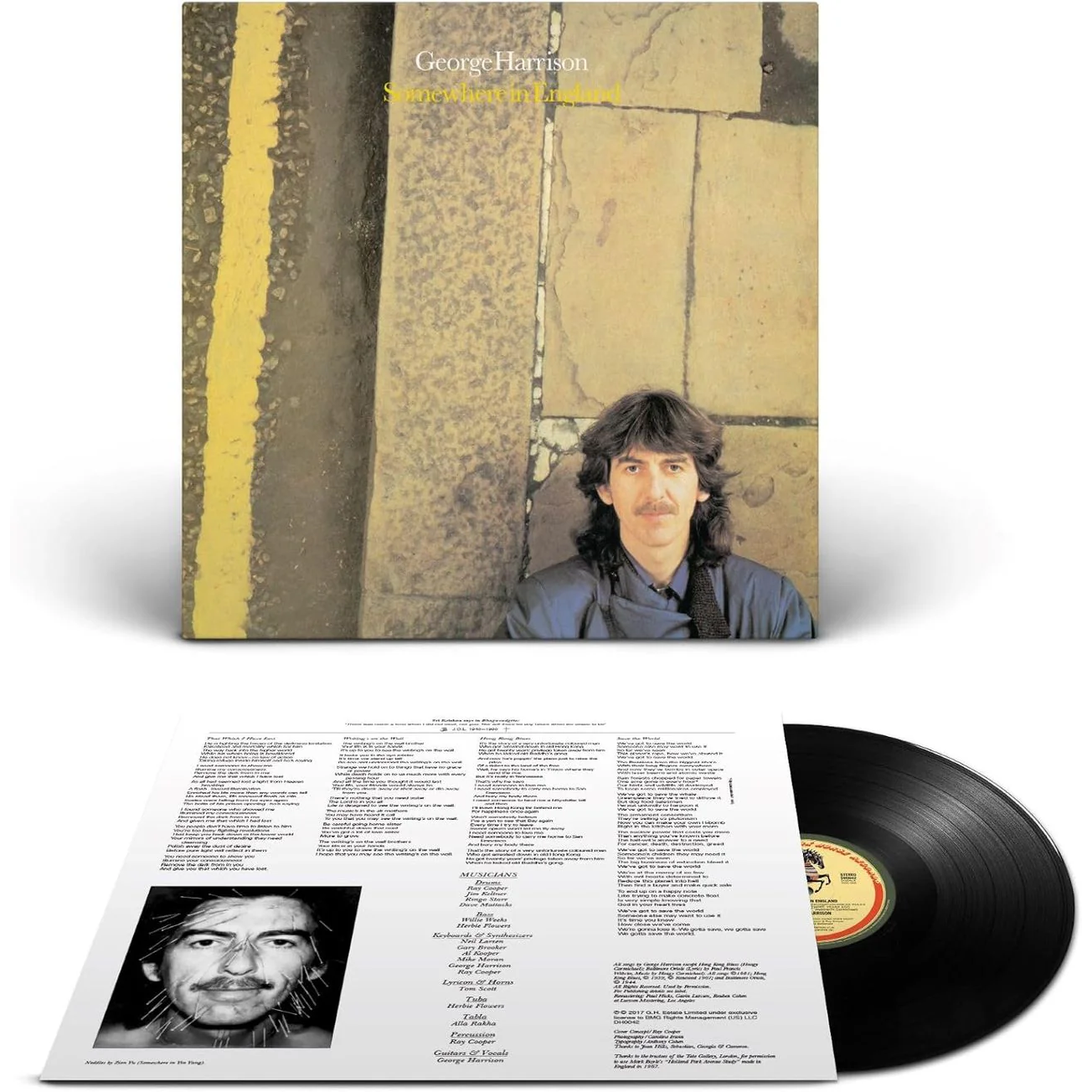 George Harrison - Somewhere in England Vinyl record with cover featuring a portrait of a man and text, on a white background