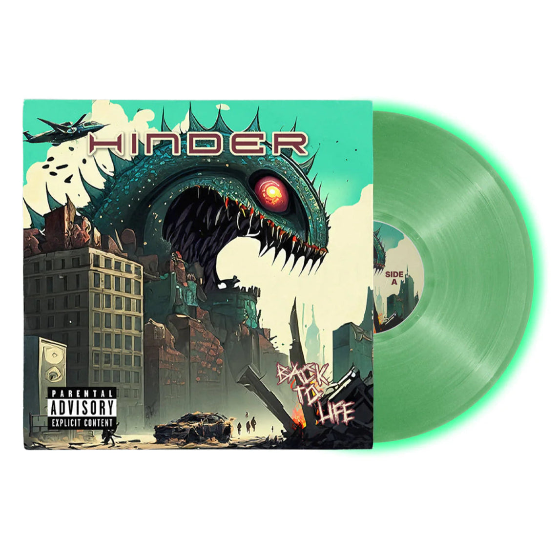 Hinder - Back To Life Vinyl record with a green disc and album cover featuring a dragon-like creature and cityscape.