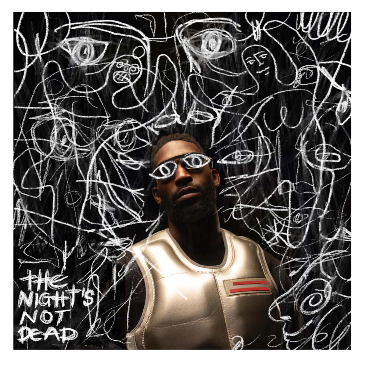 Tinie Tempah - The Night's Not Dead Vinyl Album cover art for 'The Night's Not Dead' featuring a man in futuristic metallic armor and stylized glasses, set against a black background covered in white hand-drawn sketch faces and lines.