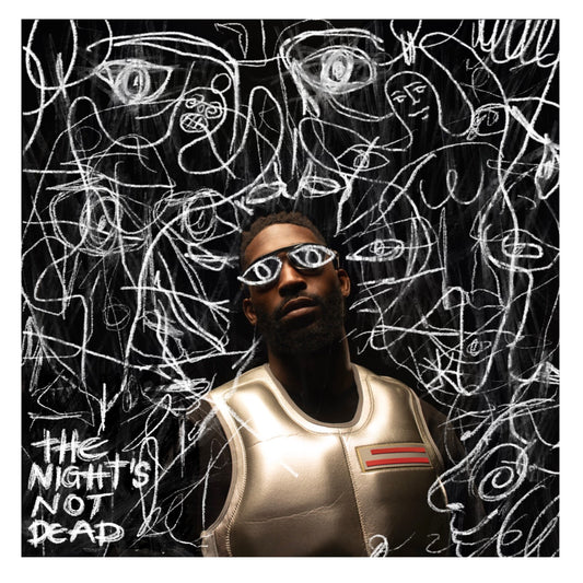 Tinie Tempah - The Night's Not Dead Vinyl Album cover art for 'The Night's Not Dead' featuring a man in futuristic metallic armor and stylized glasses, set against a black background covered in white hand-drawn sketch faces and lines.