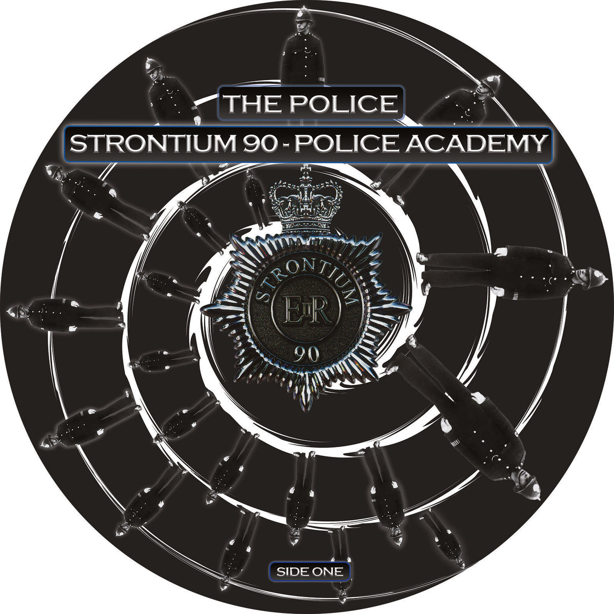 The Police - Strontium 90 - The Police Academy Vinyl Album cover art for 'Strontium 90 - Police Academy' by The Police, featuring a circular black and silver design with police badge and rifle illustrations.