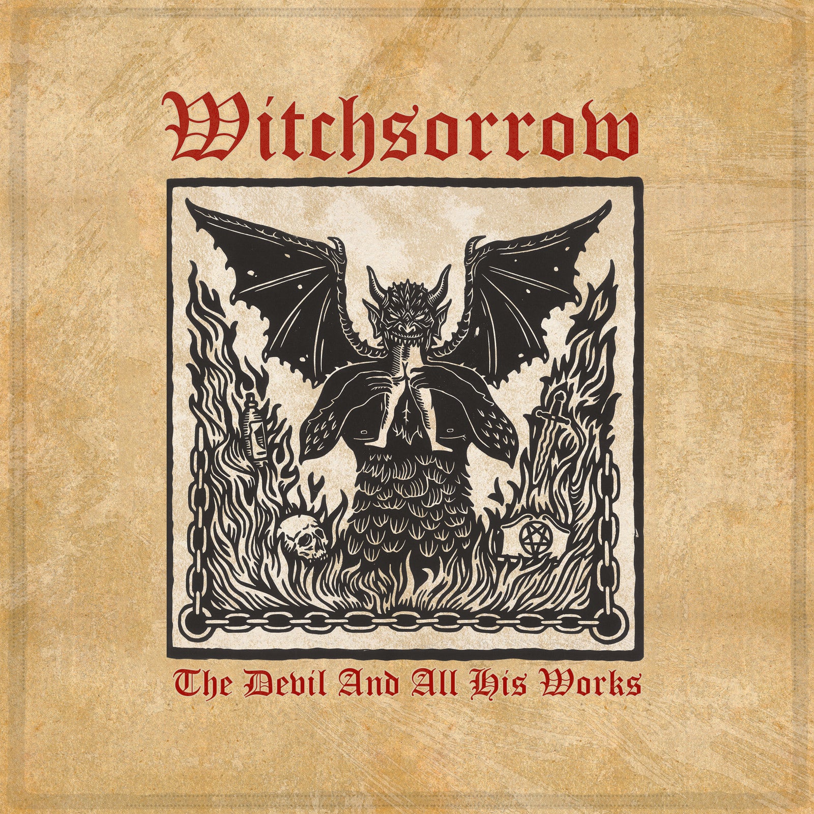 Witchsorrow - The Devil And All His Work Album cover for 'Witchsorrow' with a dragon illustration on a textured beige background.